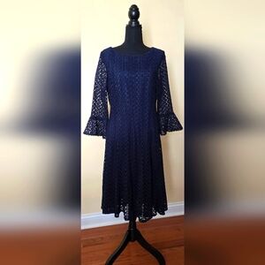 Rabbit Rabbit Rabbit Designs Dress Navy Crochet Bell Sleeve Fit Flare Lined